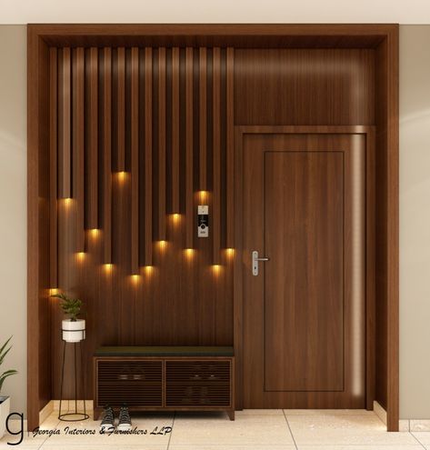 Wooden Panelling Entrance Wall Panelling Design, Entrance Panelling Design, Main Door Panelling Design, Entrance Panelling, Main Entrance Wooden Doors, Door Panelling, Veneer Wardrobe, Traditional House Interior, Wooden Almirah