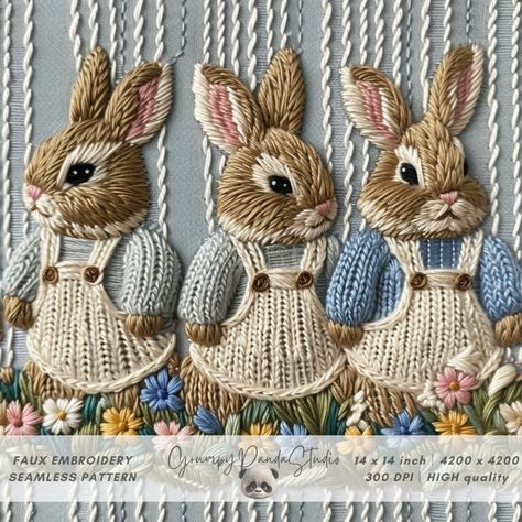 Embroidery Easter, Embroidery Spring, Faux Embroidery, 3d Embroidery, Spring Bunny, Easter Bunnies, Create Digital Product, Seamless Textures, Hello Spring