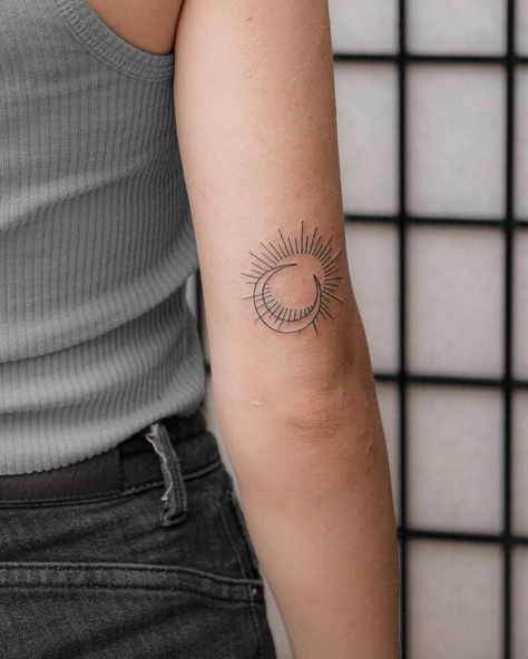 Moon Tricep Tattoo, Fine Line Sun Moon Tattoo, Line Sun And Moon Tattoo, Tricep Tattoo, Tricep Tattoos, Moon Sun Tattoo, Sun And Moon Tattoo, Sun Tattoos, Little Tattoos