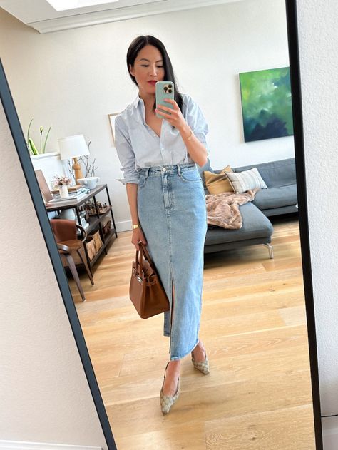 Long Denim Skirt Outfit Summer, Denim Skirt Outfit Summer, Denim Maxi Skirt Outfit, Denim Midi Skirt Outfit, Long Denim Skirt Outfit, 9to5chic Outfits, Jean Skirt Outfits, Midi Skirt Outfit, Denim Skirt Outfits