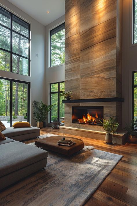 40 Fireplaces With Windows on Each Side for Natural Light and Views Modern Fireplaces Ideas Living Rooms, Fireplace Contemporary Design, Fireplace Cladding Ideas, Living Room Beams Ceiling Vaulted, Modern Fireplace With Built Ins On Both Sides, Modern Mountain Fireplace, Modern Organic Fireplace Ideas, Indoor Fireplace Living Rooms, 2 Story Fireplace Wall