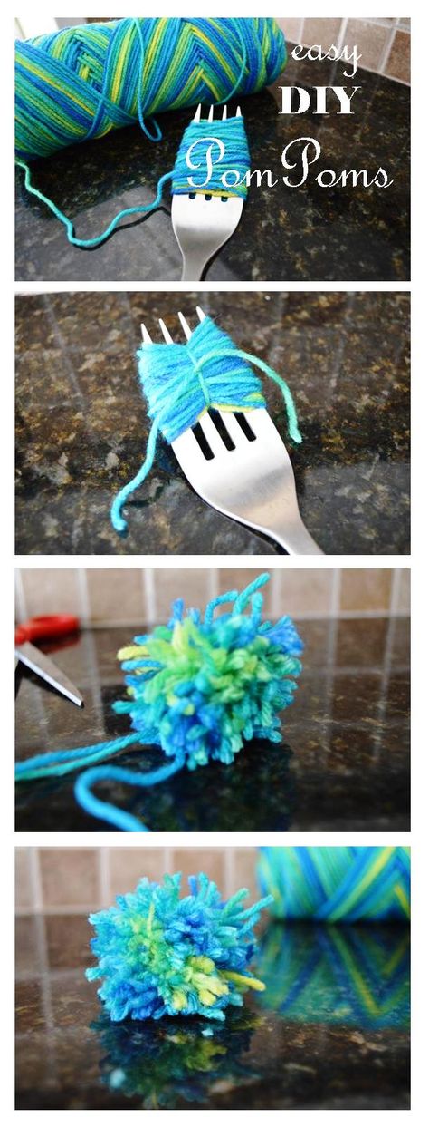 I needed something for the top of a party hat I'm making for our Wee One's 1st Birthday. I ended up using a yarn pom-pom that I made using a fork. Here's what I did: I wrapped some yarn around a la... Easter Pom Poms, Kat Diy, Chat Diy, Diy Pom Poms, Yarn Balls, Diy Cat Toys, Dekor Diy, Yarn Pom Pom, Trendy Sewing