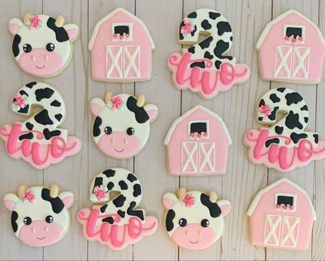 Cow Cookies 2nd Birthday, Cute Cow Birthday Cakes, Pink Cow Birthday Party Food, Highland Cow Second Birthday, Click Clack Moo Birthday Party, Moo Moo I’m Two Cookies, 4 Ever Moody Birthday Cake, Moo Moo I’m Two Birthday Cake, Farm Animal Birthday Cookies