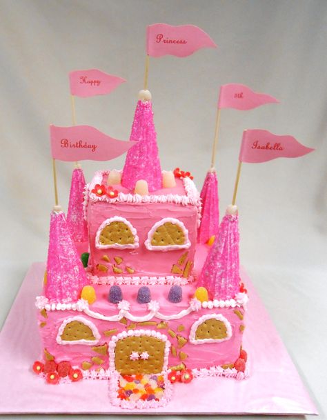 Custom Princess Castle Cake!  Happy 5th Birthday Isabella! Unicorn Castle, Cake Castle, Castle Birthday Cakes, Princess Castle Cake, Buckwheat Cake, 4th Birthday Cakes, Princess Birthday Cake, Pink Castle, Castle Cake