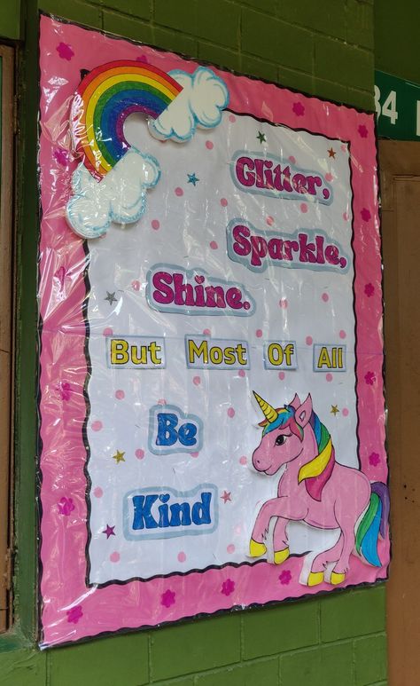 Unicorn Bulletin Board for Unicorn Classroom Theme Decor, Unicorn Bulletin Board, Unicorn Classroom Theme, Star Student Board, Barbie Classroom, Bulletin Board For School, Toddler Bulletin Boards, Class Board Decoration, Sel Resources