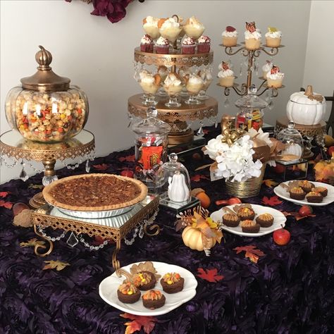 Side view of the Thanksgiving Dessert Table Thanksgiving Dessert Buffet, Dessert Buffet Ideas, Christmas Dessert Display, Holiday Baking Thanksgiving, Thanksgiving Food Table, Food Display Table, Christmas Desserts Party, Thanksgiving Candy, Thanksgiving Desserts Table