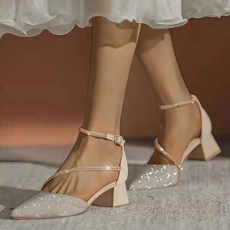 Women's Wedding Shoes Pumps Elegant Fashion Daily Sandals Wedding Party Bridesmaid Shoes Solid Color Rhinestone Bling Block Chunky Heel Pointed Toe Shoes Spring Summer Valentines Gifts 2024 - $33.99 Wedding Heels Bridesmaid, Sparkling Shoes, Fall Heel, Sparkly Wedding Shoes, Wedding Shoes Pumps, Elegant Minimalism, Women Footwear, Expensive Shoes, Sparkle Shoes