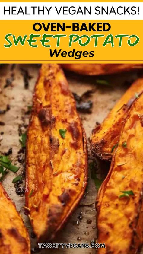 Crispy on the outside, tender on the inside, these Baked Sweet Potato Wedges are great for game nights, parties, and BBQs. They're a tasty and healthy option for snacks and side dishes. Your kids will love to have them for their after school snacks, too!  Don't forget to save them to your easy recipes list! Sweet Potato Wedges Recipes, Sweet Potato Wedges Baked, Healthy Sweet Potatoes, Vegan Chickpea Burger, Baked Sweet Potato Wedges, Recipes List, Potato Wedges Recipe, Wedges Recipe, Potato Wedges Baked