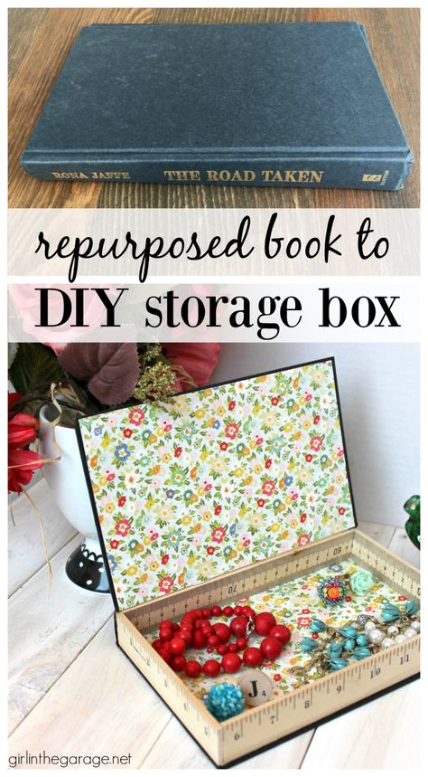 Repurposed book cover into a storage box- tutorial by Girl in the Garage How To Make A Hidden Compartment In A Book, Recycled Book Crafts Diy, Book Recycling, Diy Vintage Books, Diy Storage Box, Diy Old Books, Craft Storage Box, Diy Buch, Old Book Crafts