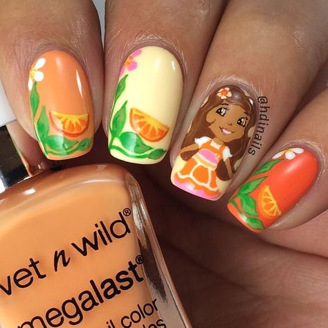 "Orange Blossom" Next form #strawberryshortcake & friends is #orangeblossom she's my daughter's favorite probably because it looks a little bit like her! Products Used: @sally_hansen 'Sub Kissed' #wetnwild 'Sun has Set' @colorclubnaillacquer 'Disco Not Dead' @glistenandglow1 #hkgirltopcoat I also used acrylic paint for the handpainted details with the help of a detailed brush! by hdinails Orange Blossom Strawberry Shortcake, Strawberry Shortcake Nails, Blossom Nails, Animal Print Nails, Bullet Journal Art, Sally Hansen, Wet N Wild, Orange Blossom, Strawberry Shortcake