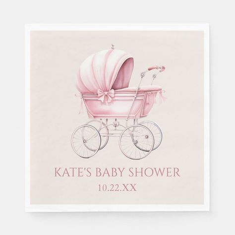 Vintage Baby Carriage, Kate Baby, Baby Shower Napkins, Baby Carriage, Party Napkins, Pink Vintage, Baby Party, Shower Design, Girl Baby Shower