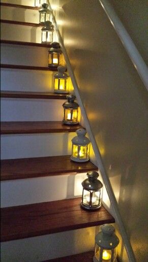 Lanterns On Stairs, Dark Stairs, Gym Poses, Stairs Home, Stair Lights, Stair Lighting, Flameless Candles, Beautiful Lighting, Lantern Lights