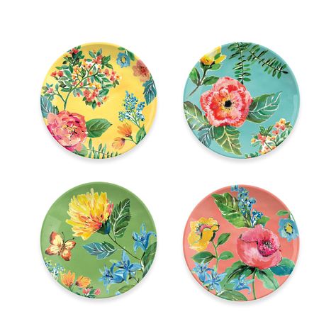 Garden Floral Assorted Set Of 4 Salad Plates, Multicolor, TarHong(Melamine) Melamine Dinner Plates, Pottery Dishes, Melamine Plates, Painted Plates, Plate Art, Handcrafted Ceramics, Plate Design, Salad Plate, Pottery Painting