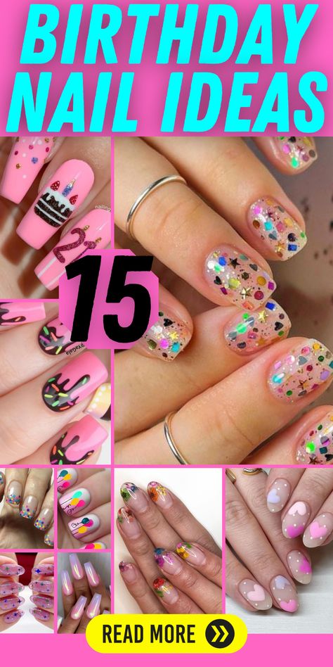 Pink Birthday Nail Designs: Embrace your inner Gemini or Virgo with these pink birthday nail ideas! Whether you're celebrating your 21st or 18th, our designs are perfect for all zodiac signs. Add a touch of gold or white for an elegant look, or go bold with a pop of purple. Get inspired and create a nail set that's as unique as you are! Cute Birthday Nail Designs, Birthday Cake Nails Design, Birthday Gel Nails Ideas, Birthday Inspired Nails, Easy Birthday Nails, Pink Birthday Nail Ideas, Elegant Birthday Nails, 30th Birthday Nails Design, Pink Birthday Nail Designs