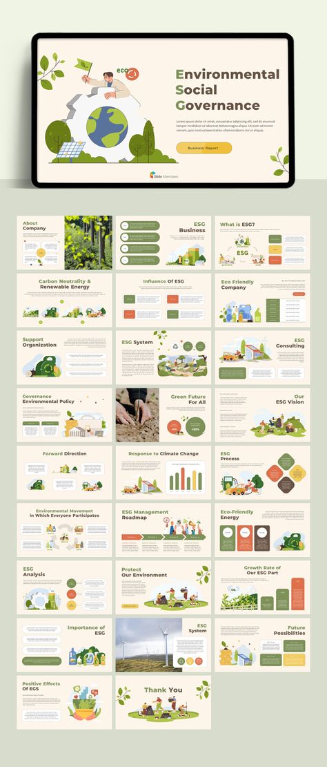 ESG Theme related PPT Templates. Get your own editable pre-designed slides. #SlideMembers #ESG #Environmental #Social #Governance #Management #Solution #Green #Eco #Ecology #Nature #Earth #Energy #Zerowaste #Renewable #Business #Illust #Infographics #Diagram #Multipurpose #Proposal #Layout #Report #Cover #PPT #Portfolio #TemplateDesign #FreePowerpoint #FreePresentation #PowerpointTemplate #Presentation #Templates #FreeTemplate #Slides #GoogleSlides #PowerPoint #freePPT #PPTdownload #Keynote Eco Friendly Presentation, Powerpoint Graphic Design, Aesthetic Report Design, Ppt Cover Design, Research Presentation Design, Nature Template, Cute Infographic Design, Slide Layout, Powerpoint Cover Design