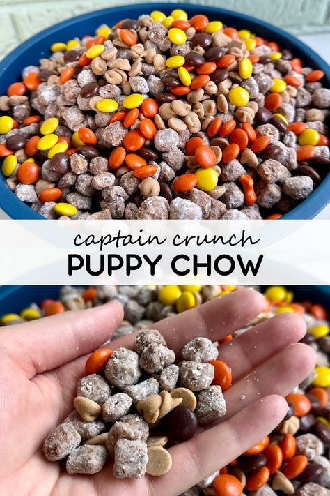 Peanut butter puppy chow gets a fun makeover with Captain Crunch cereal, peanut butter chips, and Reese’s pieces for an easy, crowd-pleasing dessert! The combo of Reese’s Pieces and peanut butter chips gives the classic snack mix a sweet, peanut-buttery twist. This snack mix is a staple for any gathering, including tailgates, grill outs and holidays! Puppy Chow Dessert, Reese’s Puppy Chow, Puppy Chow Peanut Butter, Cheerio Puppy Chow, Butterscotch Puppy Chow, Dog Chow Chex Mix Recipe, Cereal Mix Snacks, Captain Crunch Recipes, Fall Puppy Chow