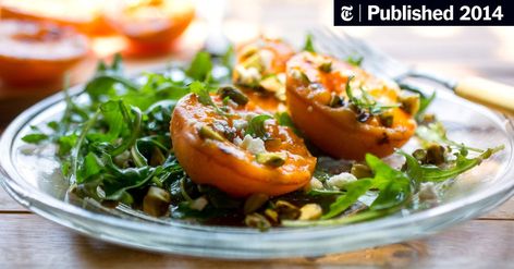 Arugula Salad With Grilled Apricots and Pistachios - The New York Times Apricots Recipes, Grilled Apricots, Apricot Salad, Pistachio Salad, Pistachio Recipes, Beautiful Salad, Red Onion Salad, Pear Salad, Onion Salad