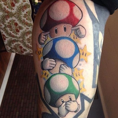 I don't know much about tattoos.... But this is absolutely awesome!!!!! #tattoo… Super Mario Tattoo, Chucky Tattoo, Nintendo Tattoo, Mario Tattoo, Nerdy Tattoos, Gamer Tattoos, Nerd Tattoo, Video Game Tattoo, Mushroom Tattoos