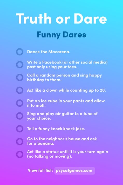 If you want to view the full list of Funny Truth or Dare Questions, head over to psycatgames.com Funny Truth Or Dare Questions, Heads Up Game, Dare Ideas, Funny Truth Or Dare, Funny Knock Knock Jokes, Funny Dares, Teen Sleepover Ideas, Good Truth Or Dares, Fun Dares