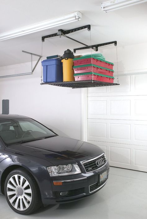 Racor Pro HeavyLift Cable-Lifted Storage Rack | organizing ideas for garage | storage solutions | ceiling storage | diy organization | Garage Hacks, Ceiling Storage Rack, Garage Ceiling Storage, Garage Solutions, Overhead Garage Storage, Garage Storage Racks, Overhead Garage, Garage Organization Diy, Garage Storage Systems