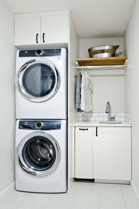 Stacked Washer And Dryer With Sink, Stackable Washer Dryer Laundry Room Small Closet, Stacked Washer Dryer Cabinet, Small Laundry Room Ideas Stackable, Laundry 101, Laundry Mudroom Combo, Contemporary Laundry, Washer Dryer Laundry Room, Stacked Laundry