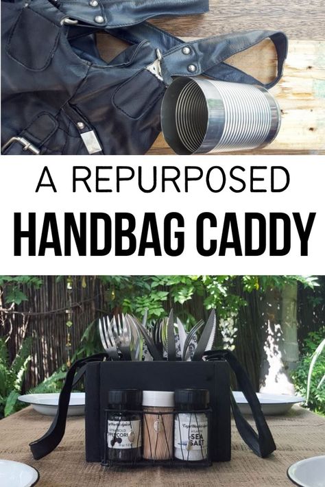 Don’t throw that old handbag out until you’ve seen how easy it is to repurpose into a functional picnic caddy. #picniccaddy #Repurpose #tincan #ACraftyMix #DIYCaddy Picnic Caddy, Repurposed Kitchen, Upcycled Projects, Caddy Bag, Creative Diy Gifts, Upcycling Ideas, Ways To Recycle, Diy Pins, Diy Upcycle