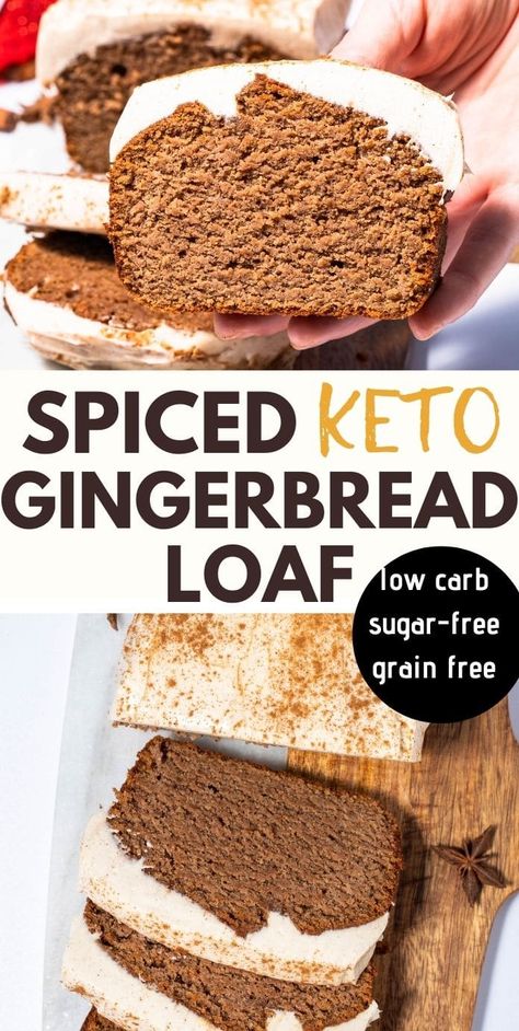 Keto Gingerbread Loaf with Cinnamon Cream Cheese Frosting Ginger Bread Loaf, Healthy Holiday Baking, Keto Gingerbread, Low Carb Gingerbread, Gingerbread Loaf, Low Carb Christmas, Keto Holiday Recipes, Keto Treats, Cinnamon Cream Cheese