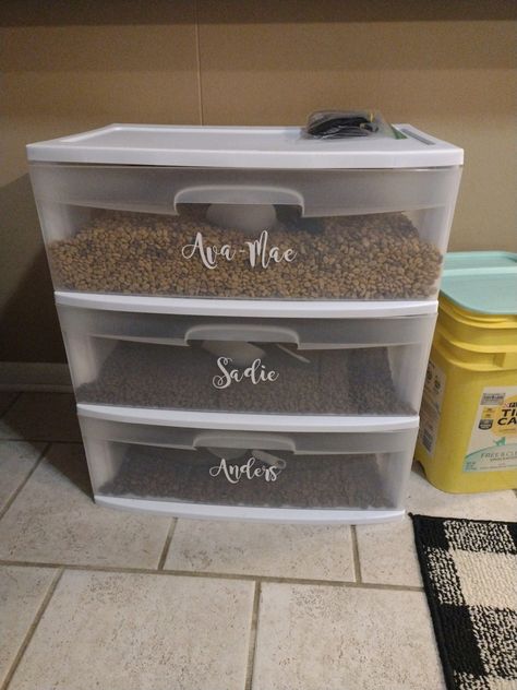 Our 2 dogs eat different types of food. I was tired of having 3 different food bins, (cat too) so I bought this organizer and used my Cricut Joy to create their names. I love how neat this looks. #tidy #animalfood #organization Bunny Food Storage, Food Pantry Ideas, Names I Love, Bunny Food, 2 Dogs, Cat Food Storage, Animal Crackers, Cricut Joy, Pet Stuff