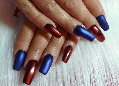 Red and blue acrylic nails with gel polish and chrome. Blue And Red Chrome Nails, Blue And Red Nails, Acrylic Nails With Gel Polish, Red White Blue Nails, Nails With Gel Polish, Nails With Gel, Red Chrome Nails, Blue Chrome Nails, Dark Blue Nails