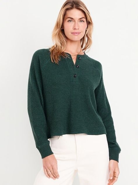 Cozy Thermal-Knit Henley Cropped Henley Top, Henley Top Outfit, Waffle Henley, Work Fits, Henley Sweater, Henley T Shirt, Green Outfit, Henley Top, Old Navy Women