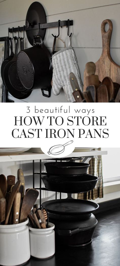 Cast Iron Cookware Care: Storage ideas to display cast iron skillets and pans in the kitchen. How to hang cast iron on the wall. Cast Iron Cookware Display, Cookware Display, Cast Iron Care, Cast Iron Pans, House Pantry, Cast Iron Decor, Cookware Storage, Kitchen Wall Storage, Cast Iron Skillets