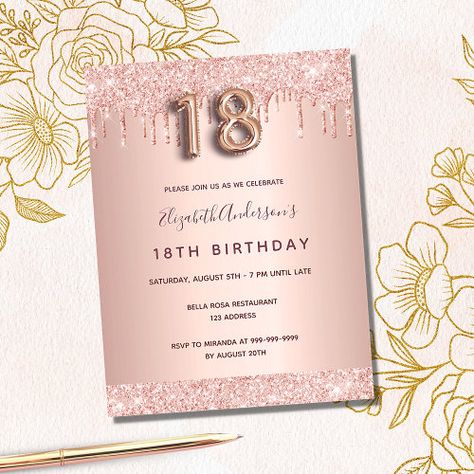 $1.41 | 18th birthday rose gold glitter pink invitation - rose gold, glitter drip, 18th eighteenth birthday party, 18 years old eighteen, balloon style font script numbers, pink, elegant stylish, modern trendy, girly, glam glamorous Birthday Rose Gold, Confetti Invitation, Debut Ideas, Pink Invitation, Eighteenth Birthday, Glitter Balloons, Birthday Roses, 18th Birthday Party, Pink Invitations