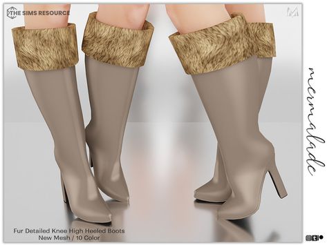 The Sims Resource - Fur Detailed Knee High Heeled Boots S76 Christmas City, Leopard Boots, High Heeled Boots, Sims 4 Teen, Men Slides, Knee High Heels, Long Denim Skirt, High Heel Boots Knee, Print Swimsuit