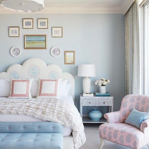 Light blue bedroom inspiration. White bed. White scalloped headboard. wall art above bed. Blue Girls Rooms, Bedroom Art Above Bed, Blue And Pink Bedroom, Light Blue Bedroom, Shabby Chic Interior Design, Pastel Bedroom, Shabby Chic Interiors, Pink Bedrooms, Shabby Chic Bedrooms