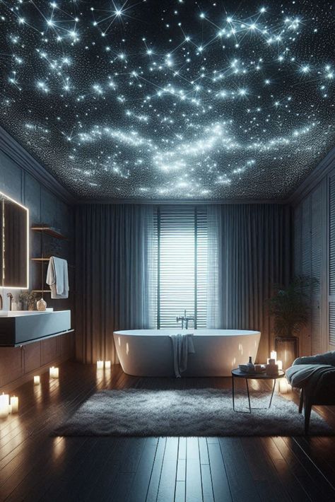 Create a magical atmosphere with a fiber optic starry ceiling. Turn your bathroom into a celestial retreat. #FiberOpticLighting #StarryCeiling Starlight Ceiling Bathroom, Night Sky Bathroom, Fiber Optic Ceiling, Starry Ceiling, Star Lights On Ceiling, Fiber Optic Lighting, Bathroom Ceiling, Star Constellations, House Inside