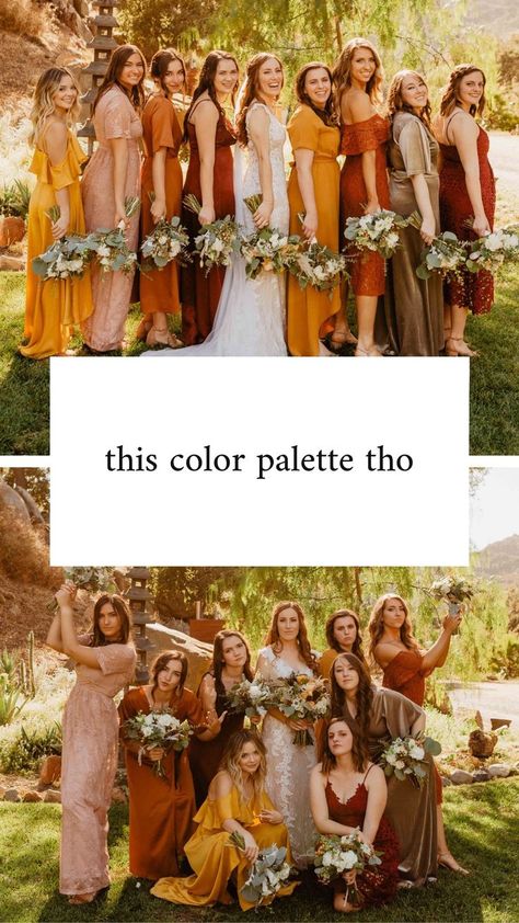 Bridesmaid Dresses Various Colors, Natural Wedding Style, Fall Color Dresses For Wedding, Orange And Yellow Fall Wedding, Fall Bridesmaids Colors Colour Palettes, Fall Sunflower Wedding Theme Bridesmaid Dresses, Light Orange Wedding Dress, Fall Colors Bridesmaid Dresses, Yellow Fall Wedding Colors