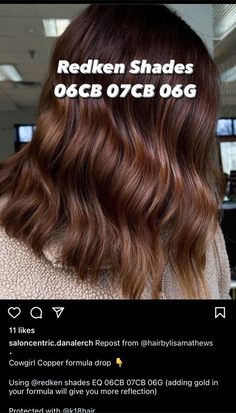 Redkin Eq Shades Formulas Cowboy Copper, Redken Red Brown Hair Color Formulas, Going From Red To Brown Hair, Fall Hair Formulas, Redken Chestnut Brown Formula, Shades Formulas, Redken Formulas, Hair Stylist Tips, Red Brown Hair Color