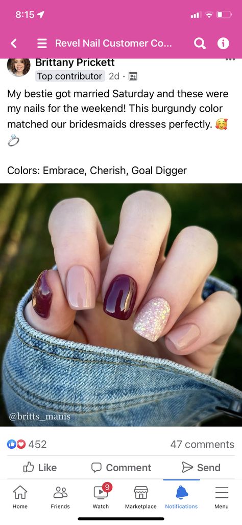 Nails For Burgundy Wedding, Nails To Go With A Wine Color Dress, Fall Bridesmaid Nail Ideas, What Nail Color Goes With Burgundy Dress, Bridesmaid Nails Burgundy Dress, Burgundy Dress Nails, Maroon Football Nails, Fall Wedding Nails For Bridesmaid, Nail Color With Burgundy Dress