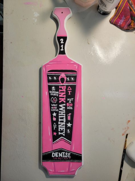 Pink Whitney Paddle, Pink Paddle Sorority, Paddle Painting Ideas Sorority, Sorority Paddles Ideas Big Little, Big Paddles Sorority, Big Little Paddles Sorority Ideas, Sorority Paddles Big Little, Frat Paddles, 21st Paddle