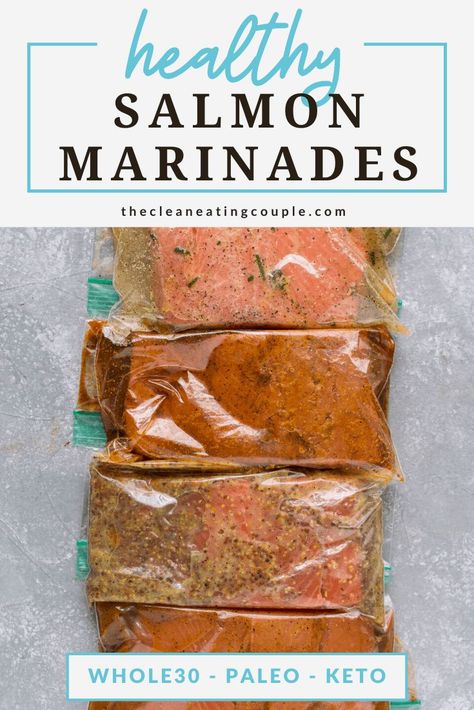 These Healthy Salmon Marinades are the perfect easy, delicious recipe! Made with minimal ingredients, paleo, keto and Whole30 – they’re great for meal prep! Whether you make them on the grill or baked in the oven - everyone will love them! Made without butter, these low carb salmon recipes are great for meal prep, lunch, or dinner. #paleo #keto #whole30 #healthy #salmon Salmon Marinades, Salmon Marinade Recipes, Low Carb Salmon Recipes, Clean Eating Recipe, Low Carb Salmon, Salmon Recipes Baked Healthy, Salmon Marinade, Keto Salmon, Easy Clean Eating Recipes