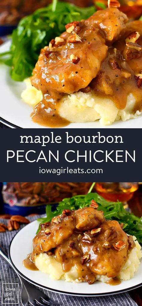 Maple Bourbon Pecan Chicken is sinfully delicious - you'll lick your plate clean! This 1-skillet chicken recipe is ready in just 20 minutes. iowagirleats.com keywords: dinner recipes, dinner ideas, gluten free recipes, gluten free dinner recipes, gluten free dinner ideas, gluten free dinners easy, chicken recipes, chicken breast recipes Lchf Recipes Dinner, Bourbon Pecan Chicken, Recipes Gluten Free Dinner, Pilsbury Recipes, Fodmap Recipes Dinner, Gluten Free Chicken Recipes, Skillet Dinner Recipes, Pecan Chicken, Maple Bourbon