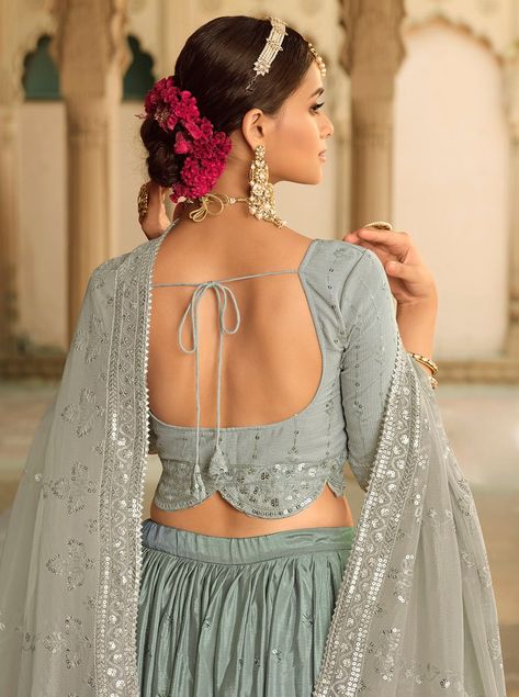 Silk Lehenga Designs, Grey Lehenga, Sequence Blouse, Mehendi Outfits, Embroidered Lehenga, Lehenga Saree, Sharara Set, Wedding Lehenga, Silk Lehenga