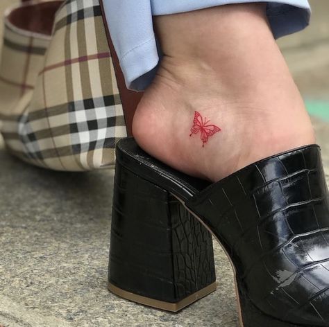 Butterfly Foot Tattoo, Tiny Tattoos For Women, Foot Tattoos For Women, Red Ink Tattoos, Cute Tiny Tattoos, Red Tattoos, Platform Mules, Discreet Tattoos, Dainty Tattoos