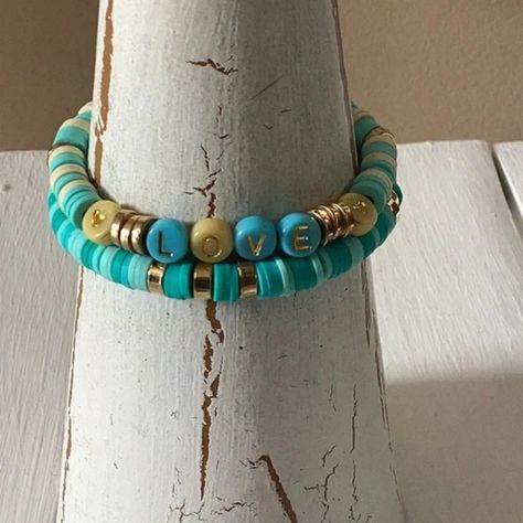 HAND CRAFTED ARTISAN Boho Bracelet with Gift Jewelry Pouch Bag Teal Gold Colorful Festival, Clay Bracelets, Clay Bead Necklace, Coastal Tropical, Surfer Bracelets, Alphabet Beads, Clay Bracelet, Gold Disc, Clay Bead