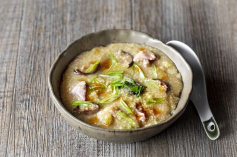 Millet Congee with Chicken and Shiitake Millet Congee, Shiitake Recipes, Congee Recipe, Chicken Ginger, Asian Soup Recipes, Pressure Cooker Rice, Pressure Cooking Recipes, Asian Soup, Boneless Skinless Chicken Thighs