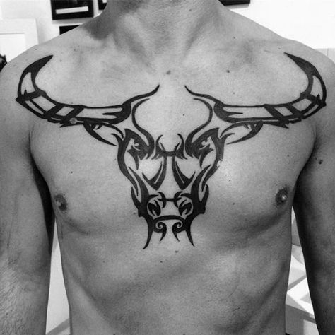 Mens Upper Chest Tribal Bull Tattoo Designs Taurus Bull Tattoos, Stammestattoo Designs, Bull Skull Tattoos, Aries Tattoos, Bull Tattoo, Taurus Tattoo, Tree Tattoos, Kunst Tattoos, Bull Tattoos