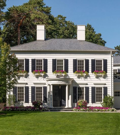 Georgian Colonial House with Clapboard Siding and Flower Boxes - Edina, Minnesota Georgian Colonial House Exterior, Small Colonial House Exterior, Small Colonial House, Georgian Colonial House, Colonial Windows, Small Colonial, Edina Minnesota, Winchester House, Georgian Colonial