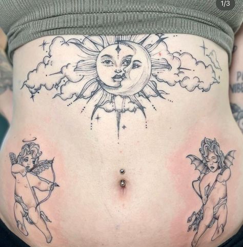 Mid Stomach Tattoos Women, Double Stomach Tattoo, Sternum Tattoo Women Ideas, Tattoo Ideas Dark Feminine, Womens Stomach Tattoo Ideas, Abdomen Tattoos Women, Eat Tattoo Ideas, Sun And Moon Tattoos, Stomach Tattoos Women