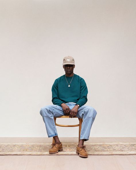 Spring / Summer 2021 Uniform II Aime Leon Dore, Outfits Hombre, Streetwear Men Outfits, Men Fashion Casual Outfits, White Wall, Wooden Chair, Fashion Photoshoot, Mens Street Style, Summer Casual