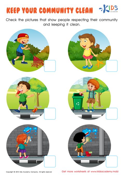 Keep Your Community Clean Worksheet for kids Good Habits For Kids, Worksheet For Nursery Class, Kindergarten Readiness Checklist, School Clean, Kindergarten Readiness, Healthy Activities, Worksheet For Kids, Community Activities, Kids Cleaning